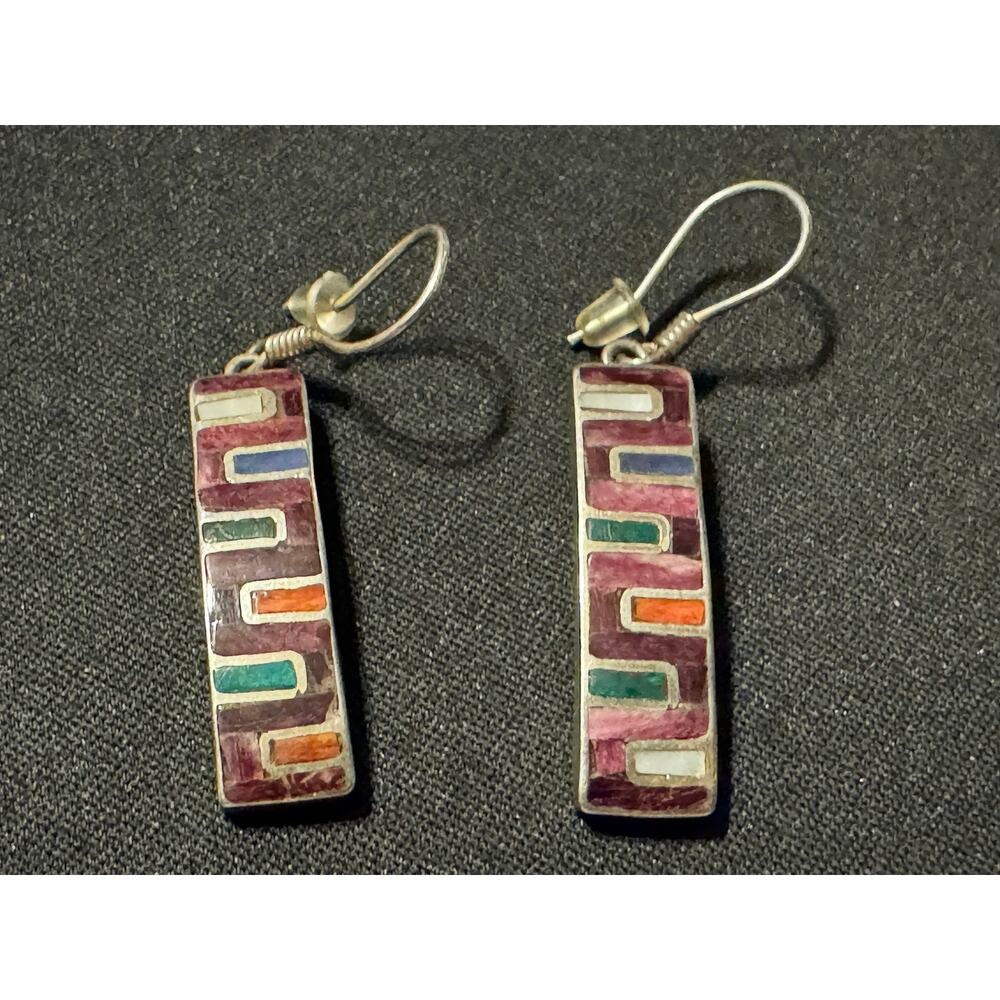 Vintage 925 Micro Mosaic Inlay Multi Stone Dangle Earrings